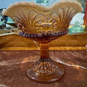 Photo of 1950's Vintage Fenton Cameo Eye & Scroll Rootbeer colored Brown Glass Compote Di