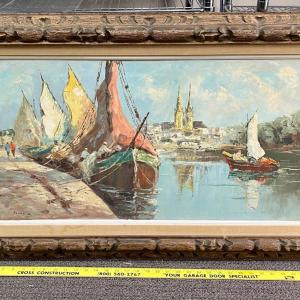 Photo of Large Oil Painting Sail Boats Carved Wood Frame signed Sezzio
