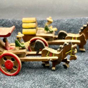 Photo of Pair of Vintage Painted Wood Horse and Cart Miniatures