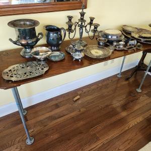 Photo of Large Mix Lot of Silverplate Pewter Trays Platters Pitcher Bucket & more