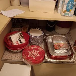 Photo of DISPOSABLE PLATES, BAKEWARE AND NAPKINS PLUS PLASTIC BOWLS