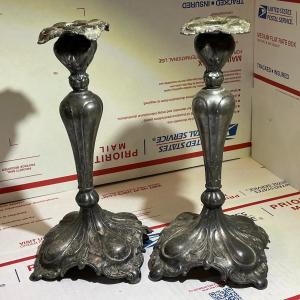 Photo of Antique 1800's Pair of Silver-Plated Candle Stick Holder 9.5" Tall in Fair-Good 