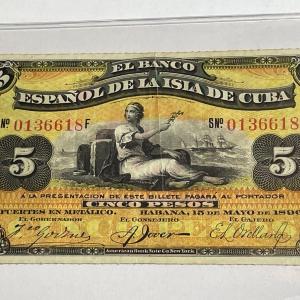 Photo of Scarce Cuba 1896 Nice Circulated Condition 5-Peso Currency/Banknote as Pictured.