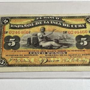 Photo of Scarce Cuba 1896 Nice Circulated Condition 5-Peso Currency/Banknote as Pictured.
