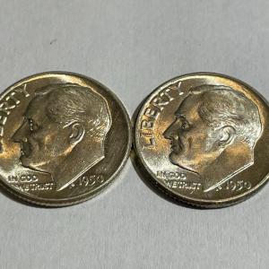 Photo of (2) 1950-P Uncirculated Condition Roosevelt Silver Dimes as Pictured.