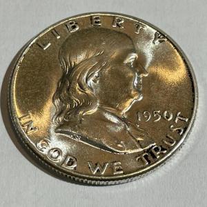 Photo of 1950-P Uncirculated Condition Franklin Silver Half Dollar as Pictured.