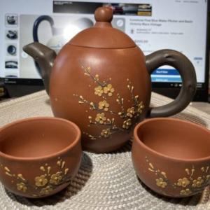 Photo of Vintage Chinese Yixing Clay Teapot w/2 Cups in VG Preowned Condition.