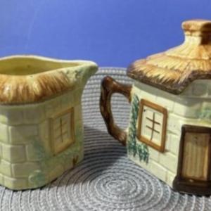 Photo of Vintage 1940's Keele Street Pottery Thatched Cottage Creamer & Sugar in VG Preow