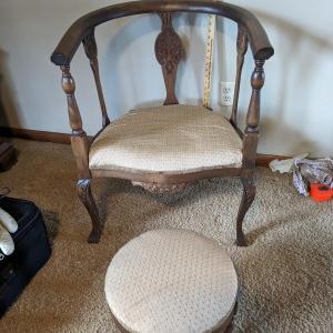 Photo of Edwardian Carved Maple Tub Chair w/ Foot Stool