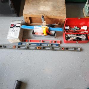 Photo of Tool Lot Levels Paint Sprayer tool box Wood Storage box Paint supplies