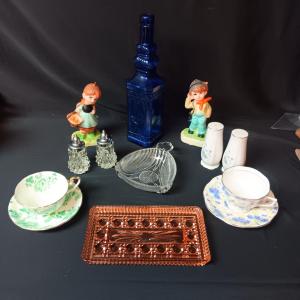 Photo of CANDLE FIGURES, SALT/PEPPER SHAKERS, DEPRESSION GLASS DISH AND MORE