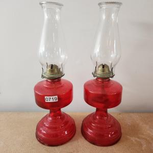 Photo of Pair Vintage Oil Lamps Red Glass Base