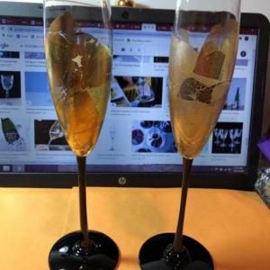 Photo of 2-(RANDY STRONG) HAND SIGNED CHAMPAGNE GLASSES 10" TALL PREOWNED FROM AN ESTATE 
