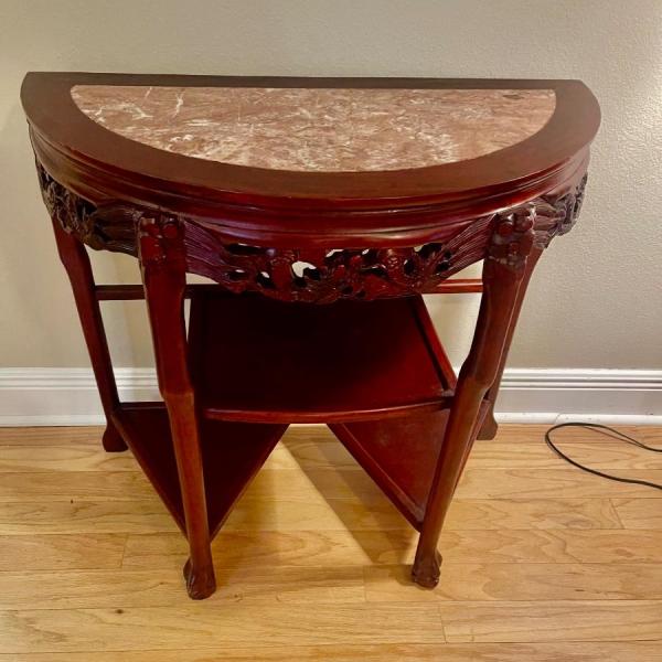 Photo of Mid 20th Century Chin Hua Carved Demilune Roseland & Marble Console Table. 32" H