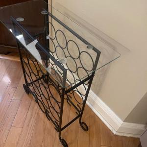 Photo of Wine Bar / table - wrought iron with tempered glass top. 26”H, 23”W, 11”D.