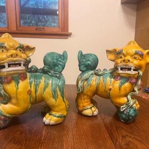 Photo of Pair of Chinese Blue Porcelain Foo Dog Guardian Lion Statues