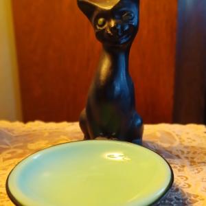 Photo of Rare Vintage Black Cat w Glass Trinket Tray