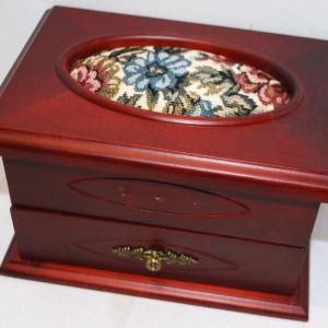 Photo of Cherry Finish Jewelry Box with Upholstered Top, Mirror & Drawer 8" x 5" x 5"