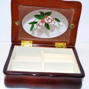 Photo of Wood Jewelry Box with Enameled Styled Flower Design + White Interior 6" x 4" x 2