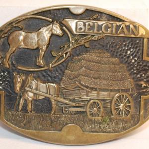 Photo of "Belgian Horses" Belt Buckle by Award Design Metals Inc. Solid Brass 3¾" x 2¾"