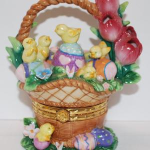 Photo of Large Easter Hinged Trinket Basket with Chicks & Eggs & Tulips 6" H