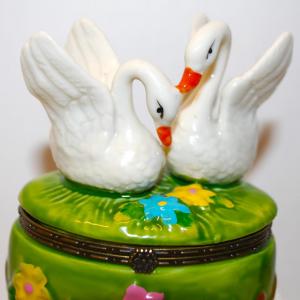 Photo of Beautiful "Swans On a Pond" Oval Hinged Trinket Box 3" H x 3" L.