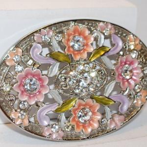 Photo of Pink & Purple Flowered Belt Buckle with Lots of Sparkle Clear Stones 3½" x 2½"