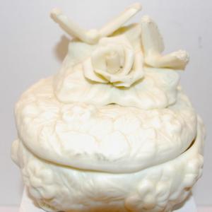 Photo of Alabaster-Style Covered Trinket Box with a Rose and Birds 3½" H x 3½" Diam.