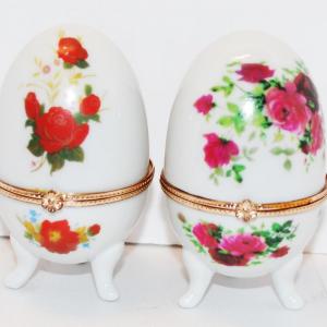 Photo of Pair of Rose Flowered Hinged Trinket Box Eggs 4" H
