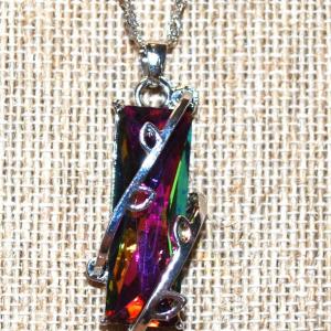 Photo of Rainbow Irridescent Long Rectangle PENDANT (1 ½ x ½) on a Silver Tone Necklace