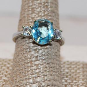 Photo of Size 10¼ Cushion-Cut 4 Prong Clear Blue Stone & 2 Clear Accents Ring (3.2g)