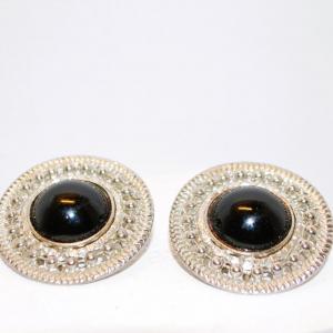 Photo of Snap-On Circle Earrings with Large Black Stone & Silver Tone Surrounds Size: 1½