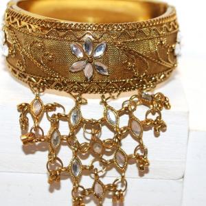 Photo of Victorian Styled Large Gold Cuff Bracelet with Clear Stones Band & Dangles 2½" 