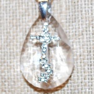 Photo of Silver "Cross on 4 Steps" on an Acrylic Teardrop PENDANT (3¼" x ¾") Necklace 2