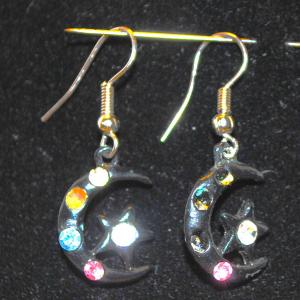 Photo of Star and Crescent Moon Earrings with Multi-Color Stone Accents ¾" Diam.