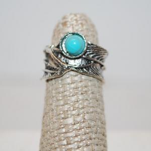 Photo of Size 4½ High Set Turquoise-Styled Stone on a "Feather" Design Silver Tone Band 