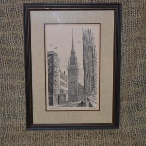 Photo of Framed & Matted 1979 Artist Depiction "The Old North Church" Boston, MA