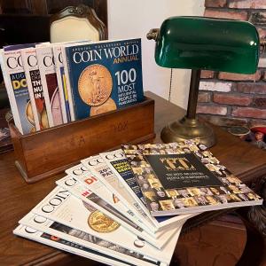 Photo of Vintage Desk Lamp and Coin Collector Magazine Lot