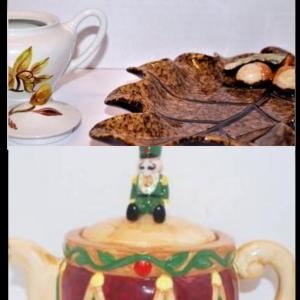 Photo of Large "Mustached Nutcracker" Colorful Tea Pot 6" H & Acorn Dish and Tea Pot - To