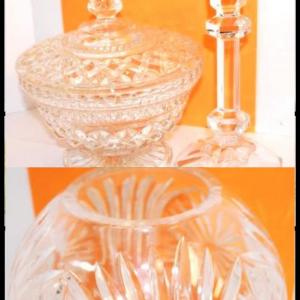 Photo of All Glass Candy Dish and Glass Candle Holder & Heavily Etched Glass Bowl - 7" H 