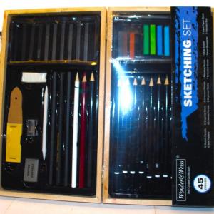 Photo of NEW 45 Pc. Art Set in Wooden Folding Carrying Case - Incl. Chalks, Pastels, Penc
