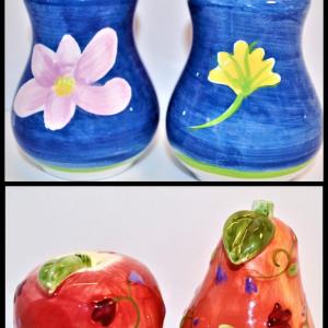 Photo of Salt & Pepper Sets - Pear & Apple Set with Vines and Flowers in Reds 3" H & Sing