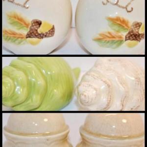 Photo of 3 Salt & Pepper Sets -- Snail Shells - Lime Green + White 2" & Acorns + Orange L