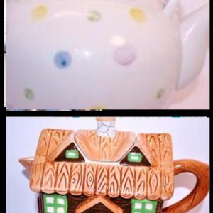 Photo of 2 Teapots - "Wilderness Lake Lodge" Every Side is Different & Polka-Dot Teapot w