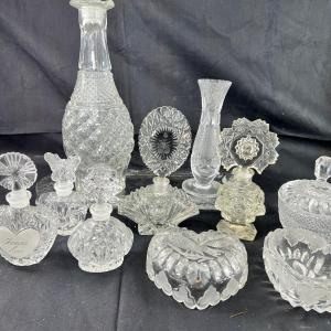 Photo of Cut Crystal perfume bottles, vase, candy dish