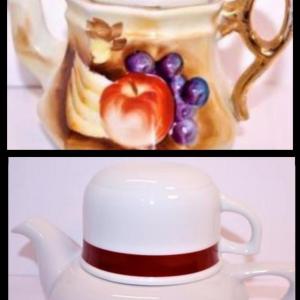 Photo of 2 Teapots - Striped Teapot with Its Own Cup & Small Teapot with Grapes + Fruit