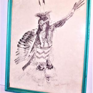 Photo of "Indian-Styled" Art Drawing - Glass Fronted Frame 14½" x 11½" Signed Duane Tur