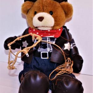 Photo of Sitting Rodeo Bear in Jeans and Checkered Shirt with Lasso
