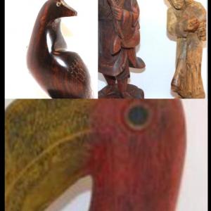 Photo of 2 "Asian Style" Wood Statues - 11" & 8" H & Toucan Style Wood Bird 12" H x 5" W 