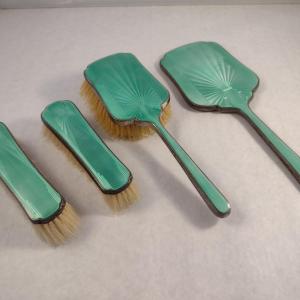 Photo of Vintage Sterling Silver and Guilloche Enamel Brush and Beveled Mirror Vanity Set